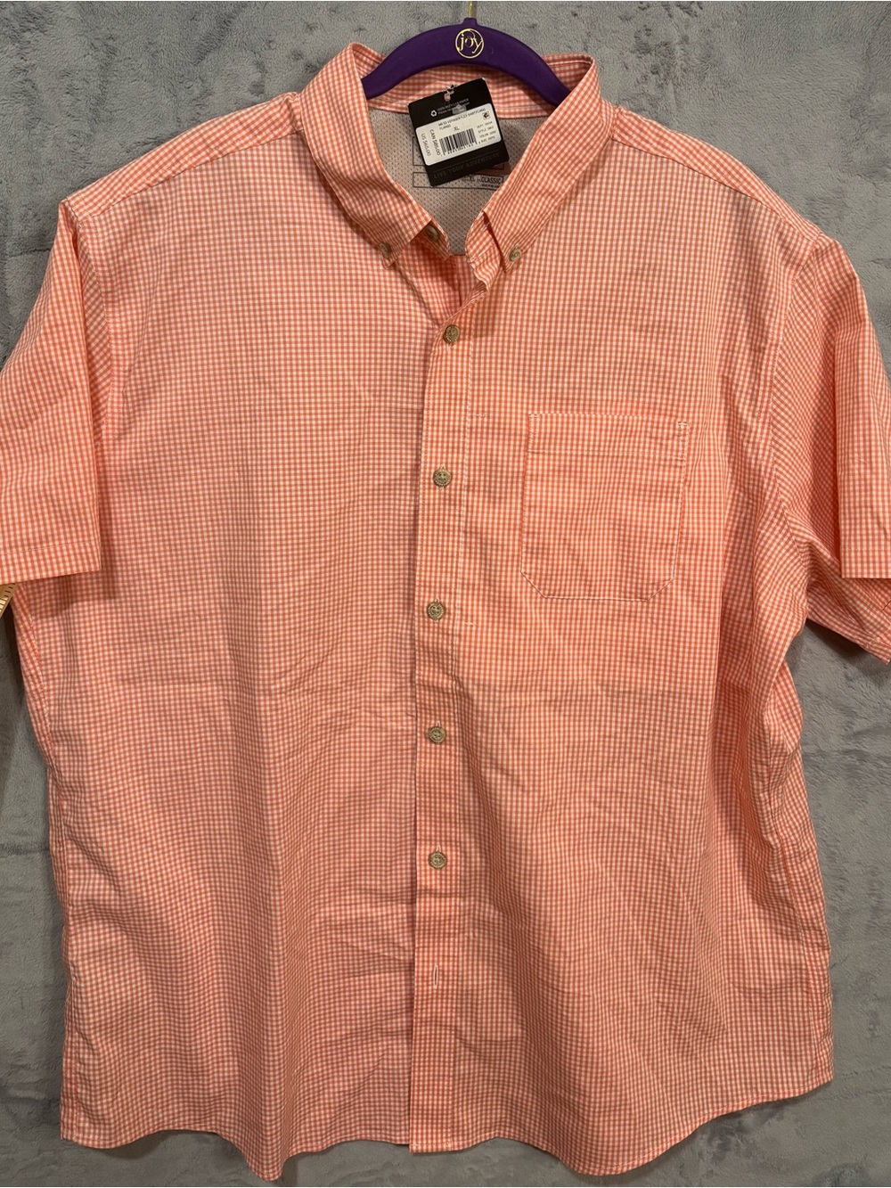 NWT Eddie Bauer Men XL Voyager Flex Plaid Button Down Orange White Short Sleeve